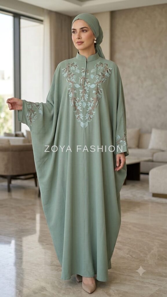 Sage Green Embroidered Kaftan Abaya