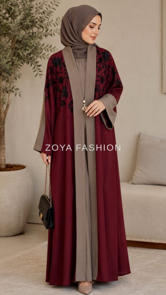 Maroon Three-Piece Embroidery Abaya Set