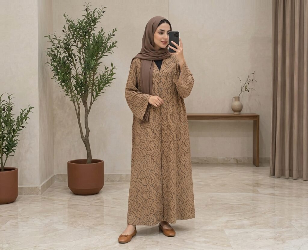 Brown Printed Open Abaya