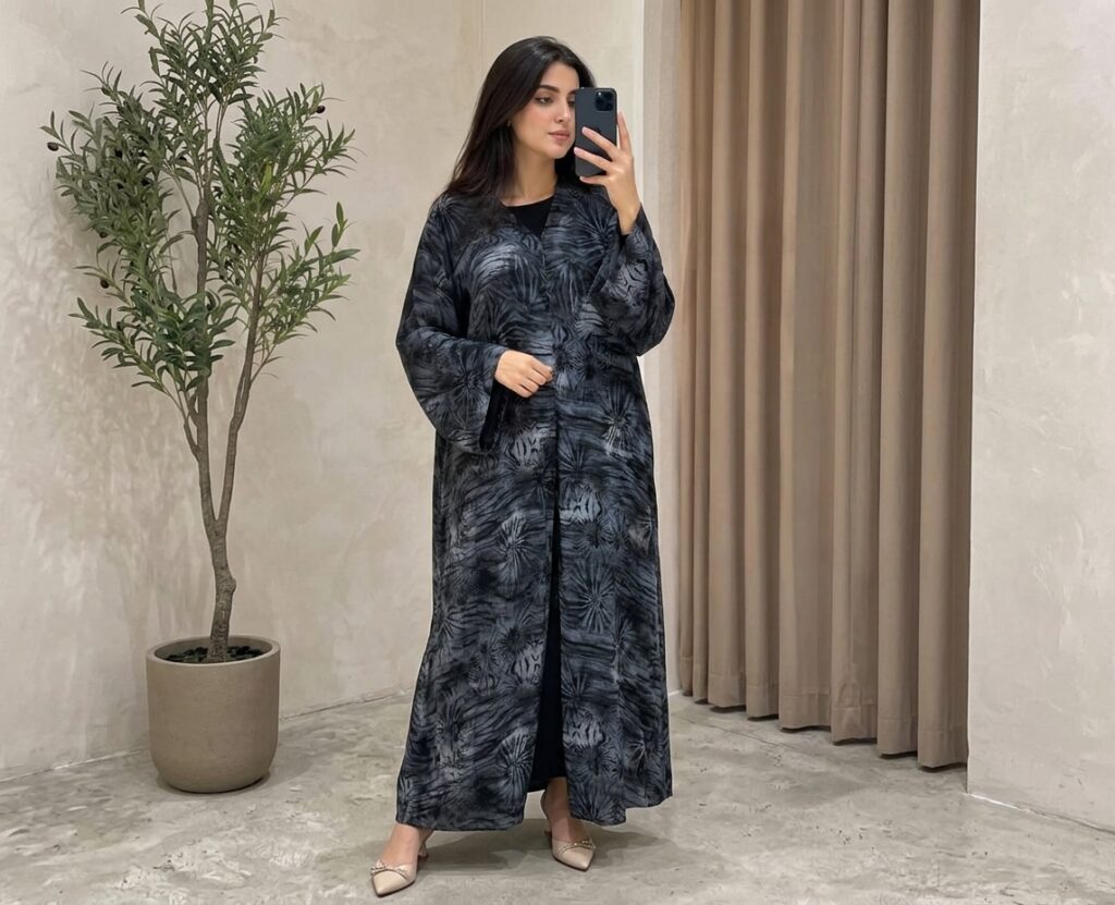Grey Printed Open Abaya