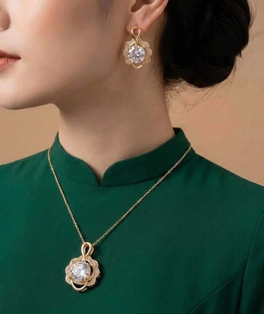 Solitaire Pendant Copper Jewelry Set (Gold & Silver)
