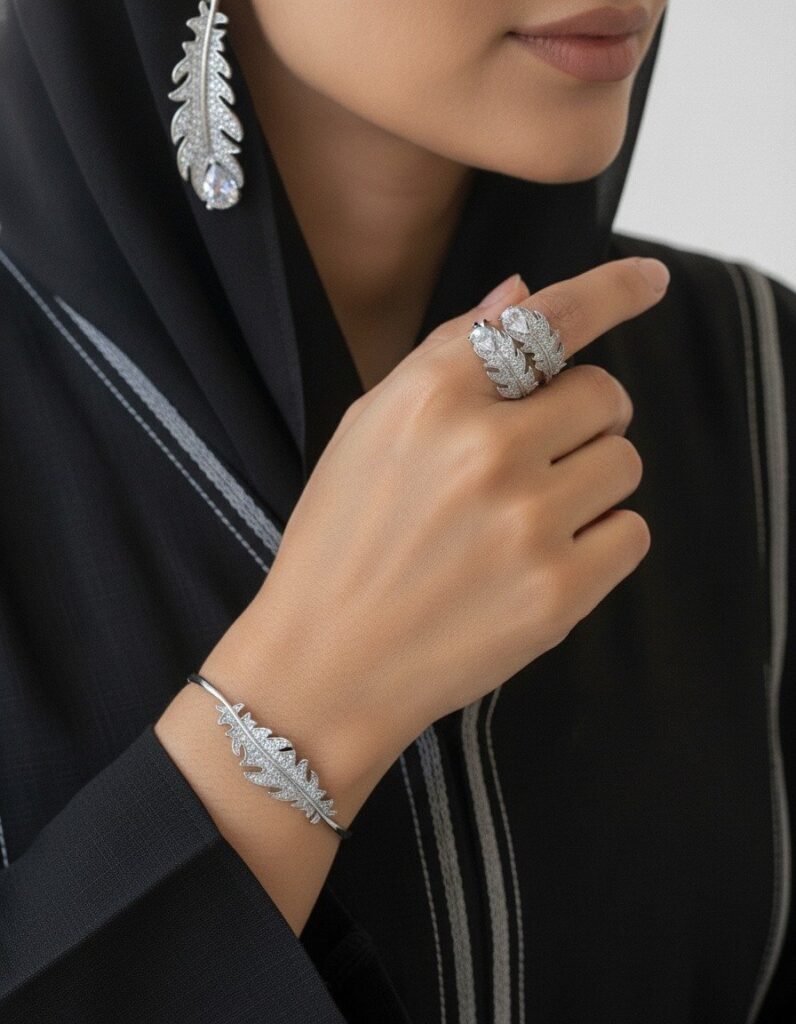 Pave Feather Open Bangle & Ring Set