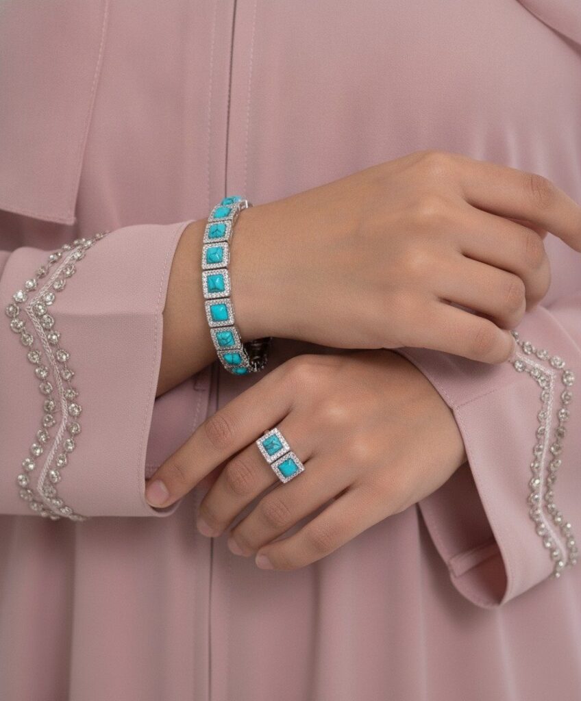 Turquoise & Crystal Halo Link Bracelet Set