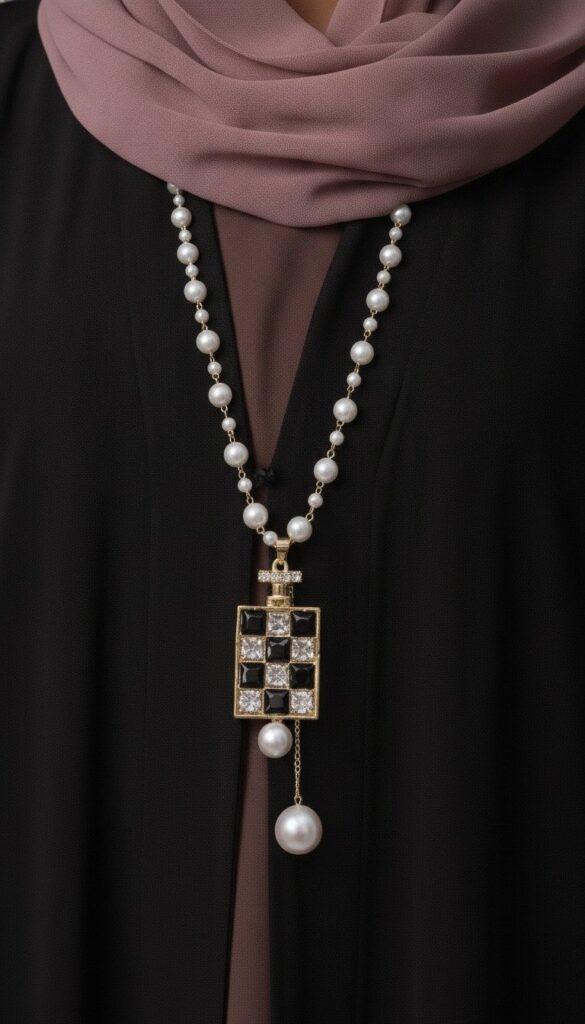 Checkerboard Perfume Bottle Pearl Long Necklace